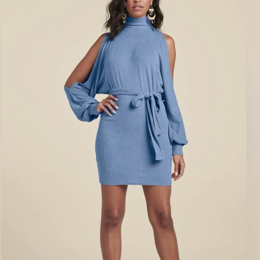 VENUS Cold Shoulder Mock Neck long sleeve Ribbed Dress, Ice blue- 2X